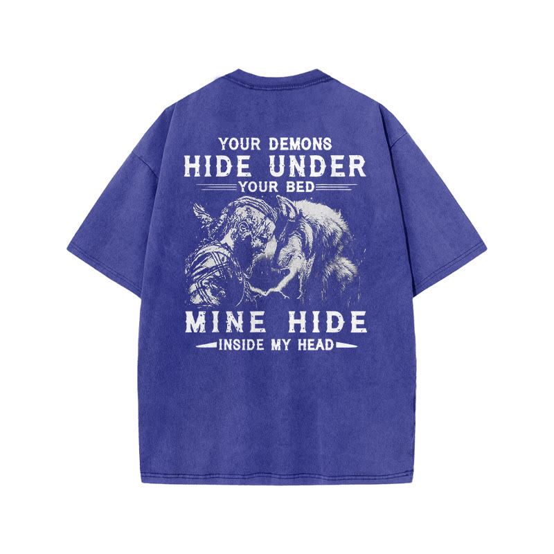 100% Cotton Viking Your Demons Hide Under You Gym Print Acid Washed T-shirt - Blue - US20-22(3XL) - image 6