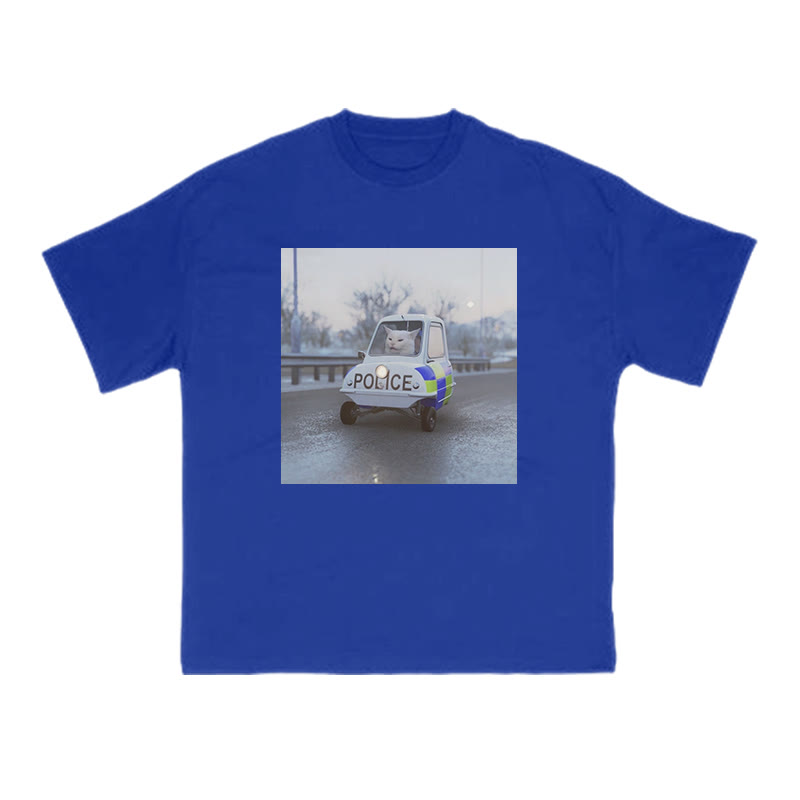 Unisex 100% Cotton Cat Driving A Police Car Print T-shirt - Blue - US16-18(2XL) - image 9