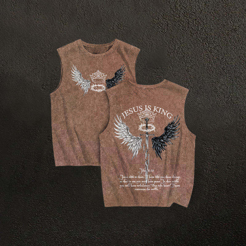 100% Cotton JESUS IS KING Printed Acid Washed Tank Top