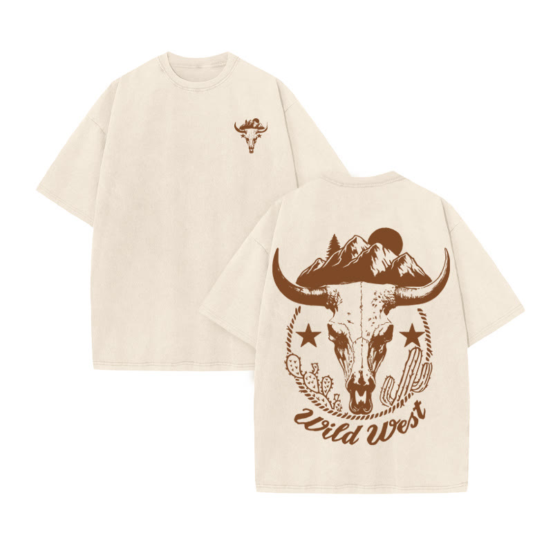 Unisex 100% Cotton WILD WESTERN Western Style Print Acid Washed T-shirt