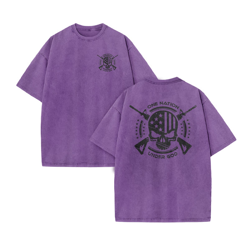 Unisex 100% Cotton One Nation Under God Print Acid Washed T-shirt - Purple - US20-22(3XL) - image 9