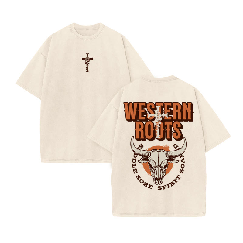 Unisex 100% Cotton WESTERN ROOTS Western Style Print Acid Washed T-shirt