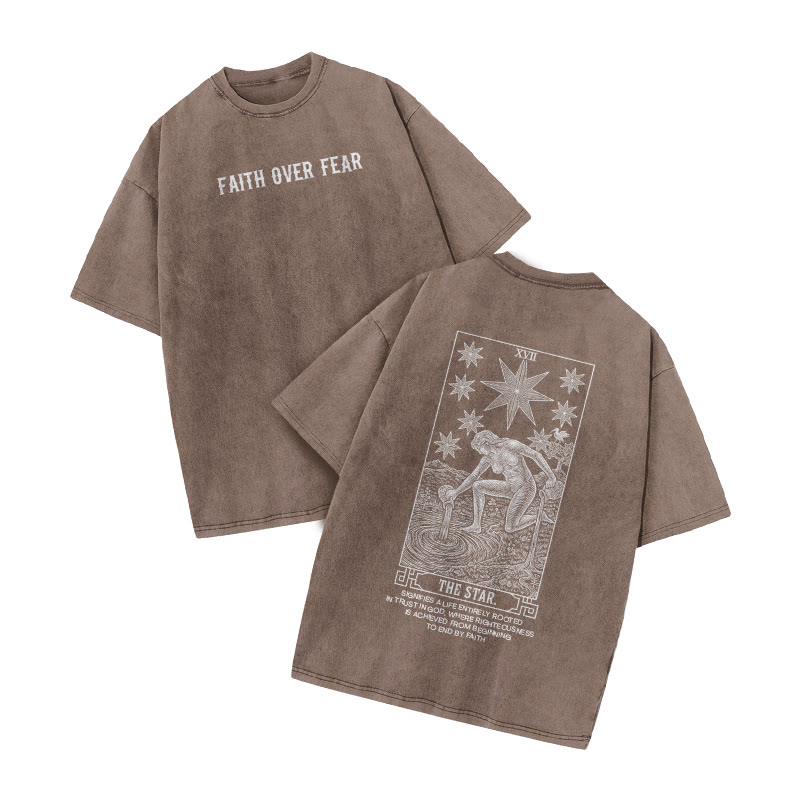 Faith Over Fear Tarot The Star Print Acid Washed T-shirt - Coffee - US20-22(3XL) - image 3