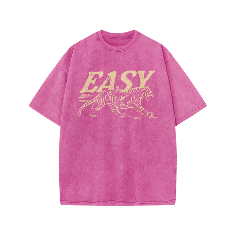 Unisex 100% Cotton Easy Tiger Print Acid Washed T-shirt