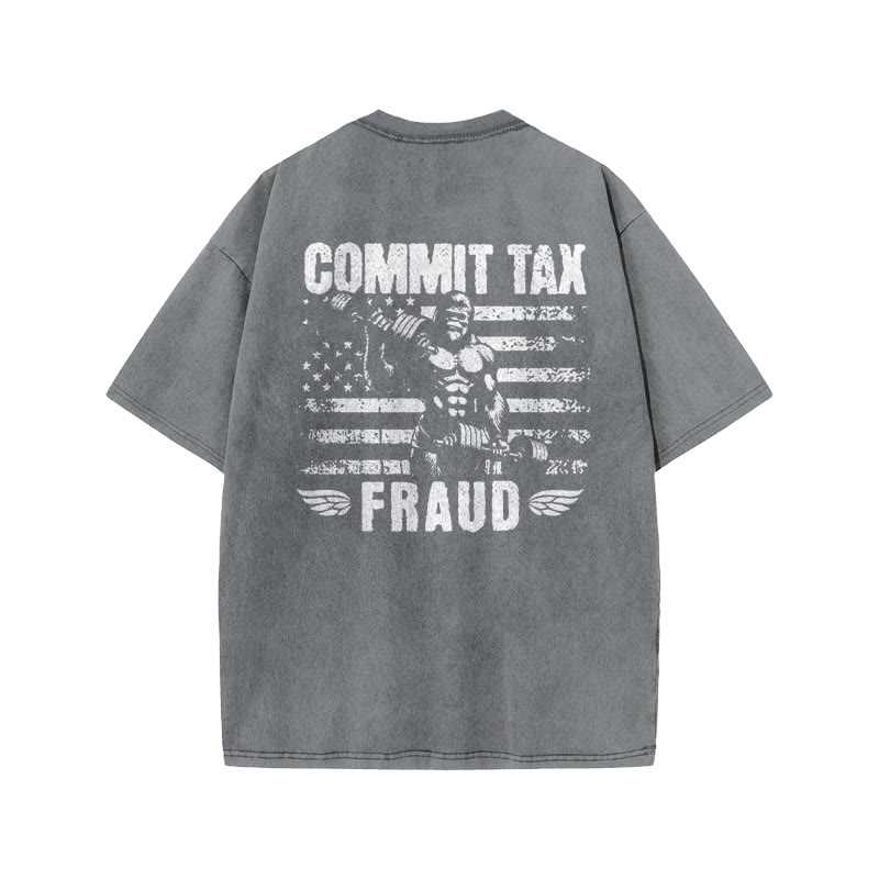 100% Cotton COMMIT TAX FRAUD Gym Print Acid Washed T-shirt - Grey - US20-22(3XL) - image 4