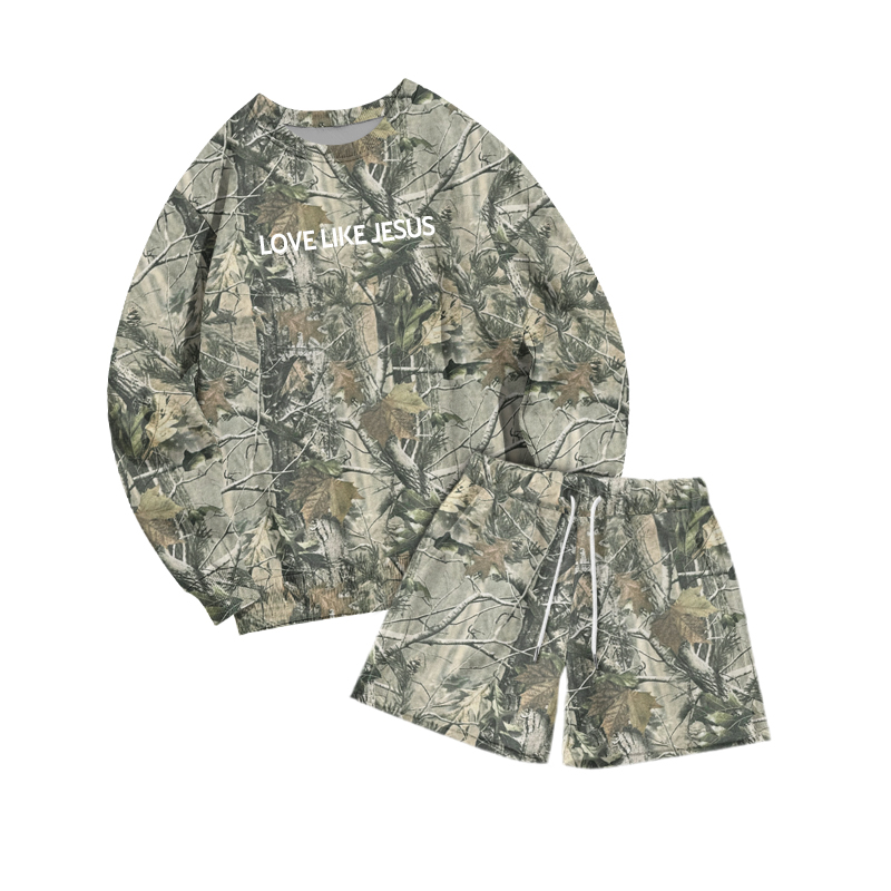 Casual LOVE LIKE JESUS Camo Sweatshirt and Drawstring Shorts Set - Army Green - 3XL - image 3