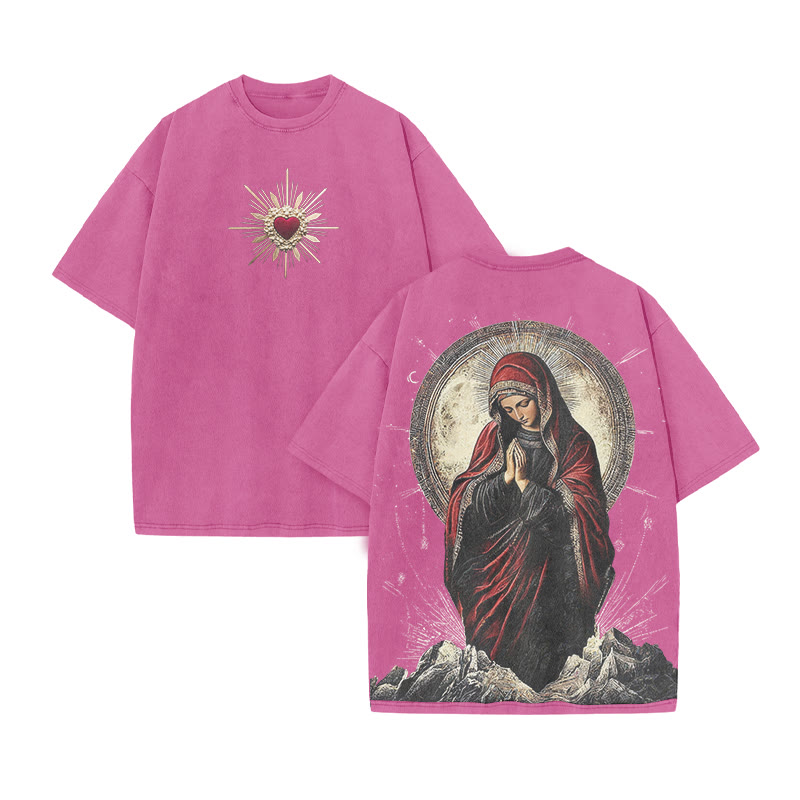 Virgin Mary Religious Streetwear Print Acid Washed T-shirt - Pink - US20-22(3XL) - image 10