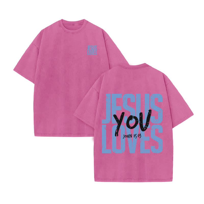 Unisex 100% Cotton JESUS LOVES YOU Print Acid Washed T-shirt - Pink - US20-22(3XL) - image 7