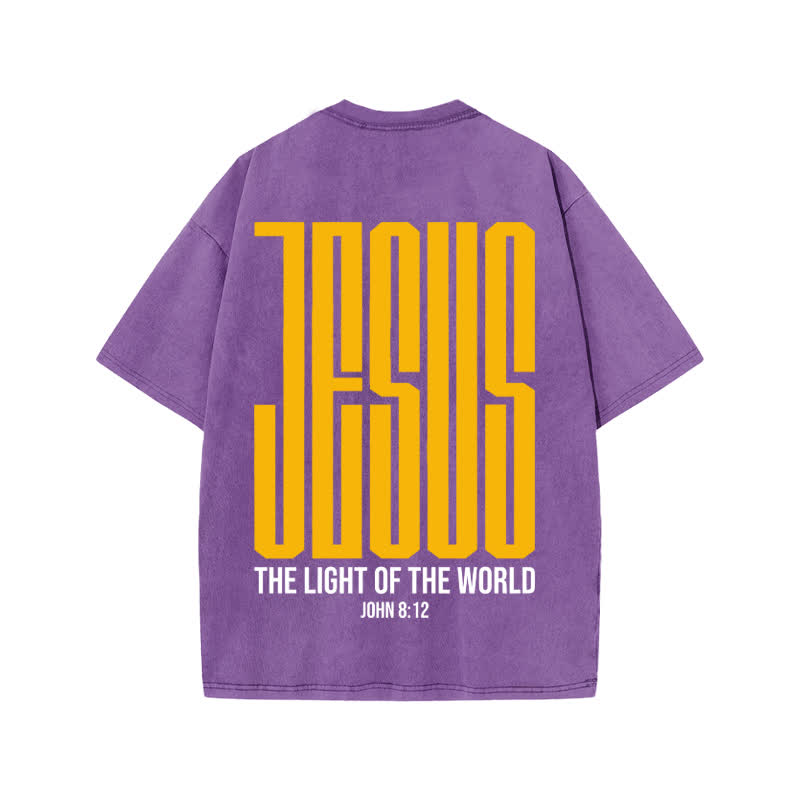 Unisex Jesus The Light Of The World Print Acid Washed T-shirt - Purple - US20-22(3XL) - image 9