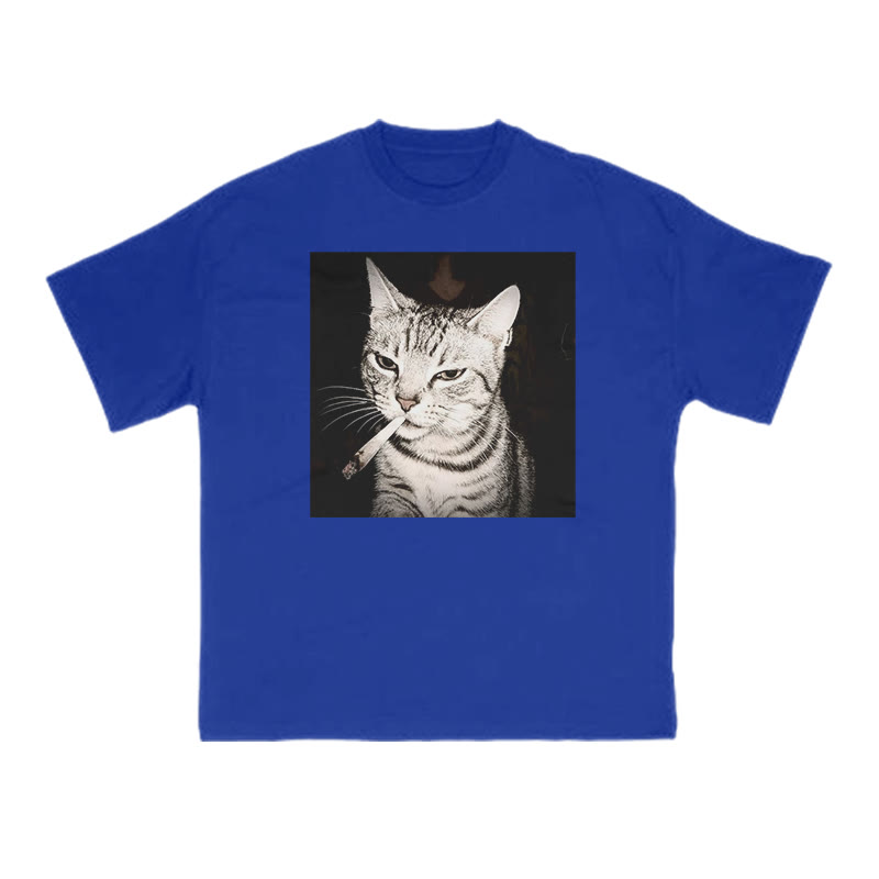 Unisex 100% Cotton Smoking Tabby Cat Print T-shirt - Blue - US16-18(2XL) - image 8