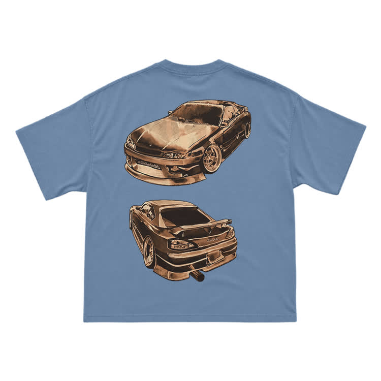 Vintage Dual Sports Car Back Graphic T-Shirt - Dusty Blue - US16-18(2XL) - image 8