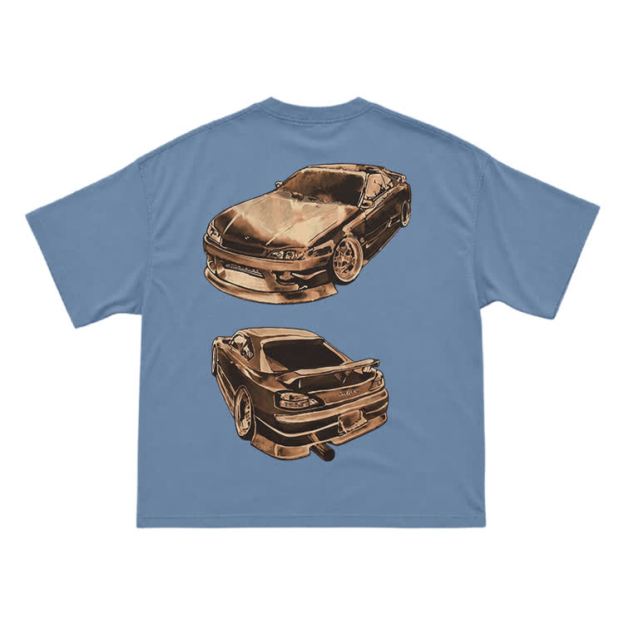 Vintage Dual Sports Car Back Graphic T-Shirt - Dusty Blue - US16-18(2XL) - image 8