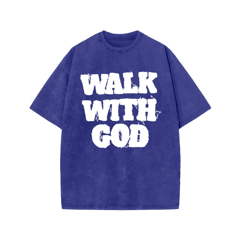 Unisex 100% Cotton Walk With God Thorn Lines Print Acid Washed T-shirt - Blue - US20-22(3XL) - image 8