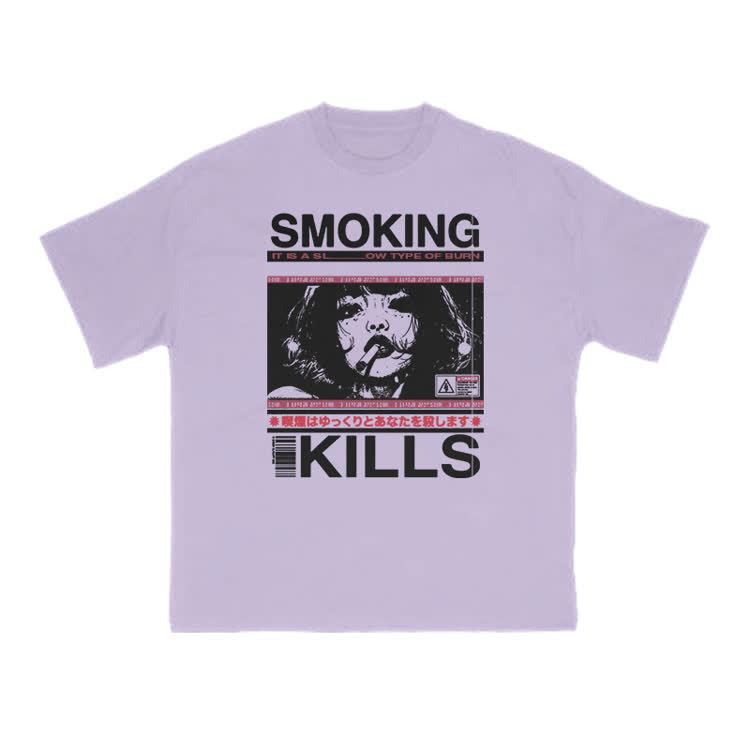 Smoking Kills Retro Manga Style Graphic Print T-Shirt - Purple - US16-18(2XL) - image 6