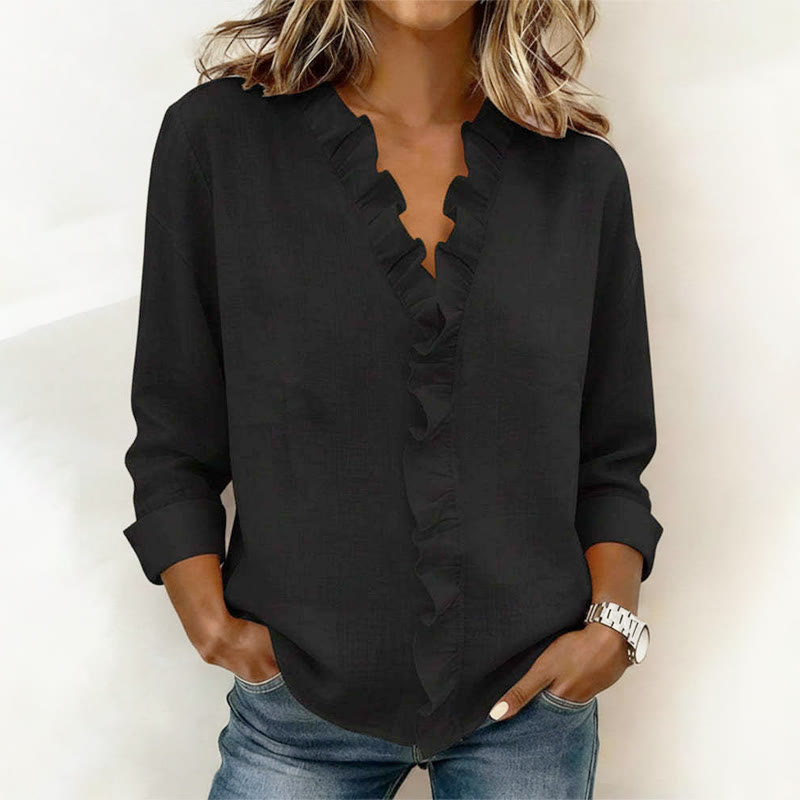 Elegant Cozy Solid Overlapping Ruffle V-neck Long-sleeve Blouse - Black - 3XL - image 5