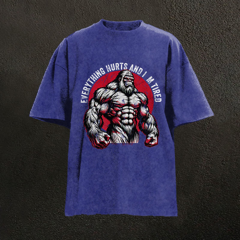 100% Cotton Everything Hurts And I'm Tired Gym Print Acid Washed T-shirt - Blue - US20-22(3XL) - image 5