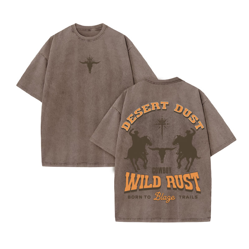 Unisex 100% Cotton DESERT DUST Western Style Print Acid Washed T-shirt