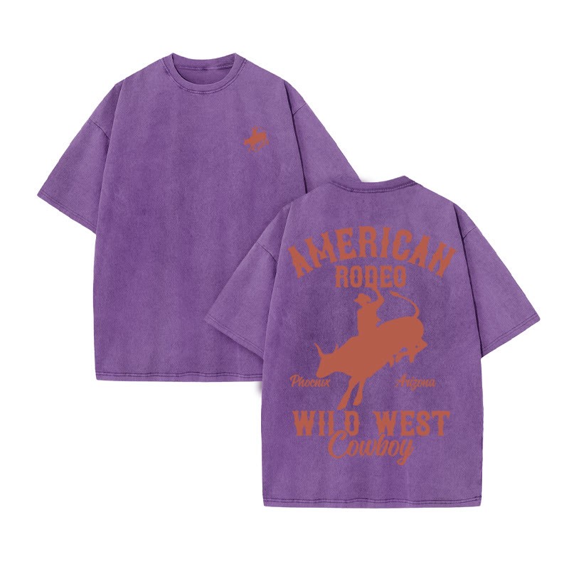 Unisex 100% Cotton RODEO Western Style Print Acid Washed T-shirt