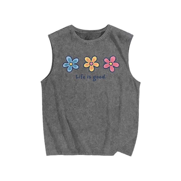  Sunny Bloom Life Is Good Print Washed Tank Top - Grey - US20-22(3XL) - image 4