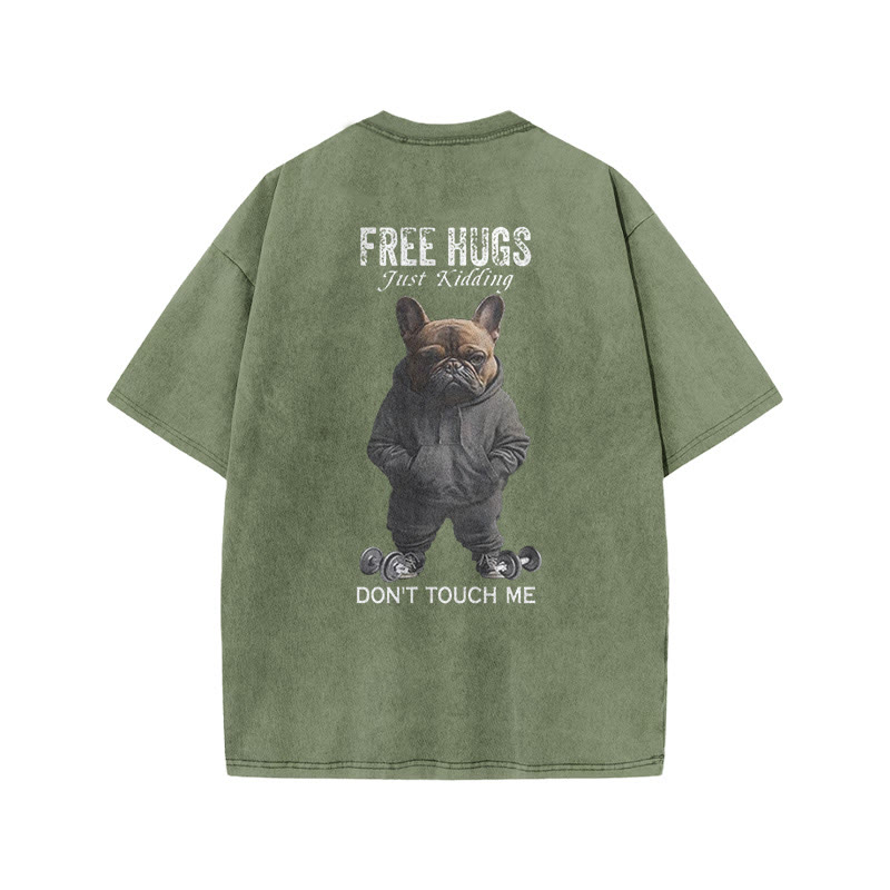 100% Cotton FREE HUGS Gym Print Acid Washed T-shirt - Army Green - US20-22(3XL) - image 6