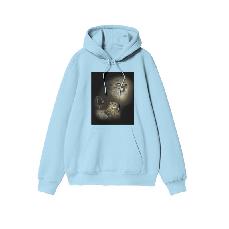Unisex 100% Cotton Cat And Wine Print Hoodie - Blue - US16-18(2XL) - image 7