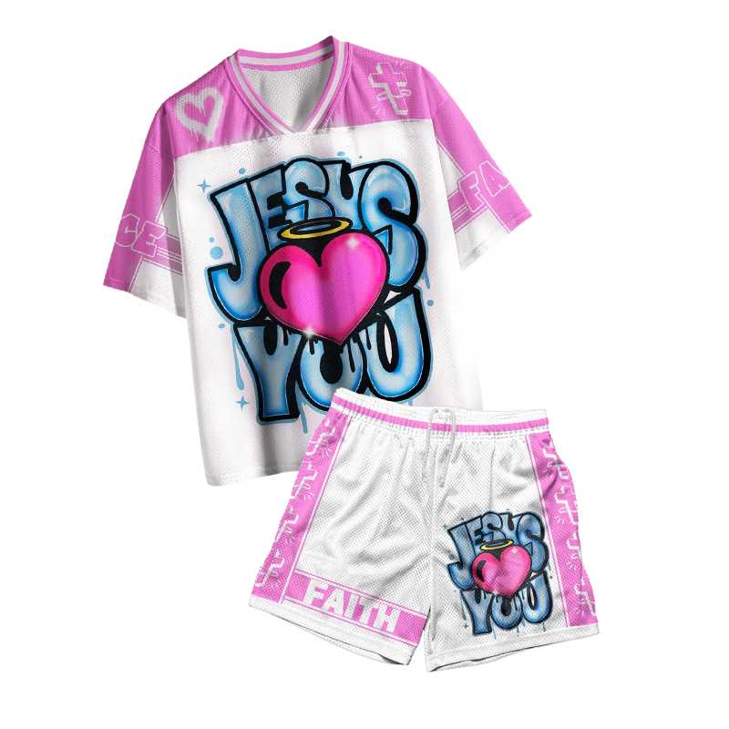 Jesus Loves You Heart Print Mesh T-shirt Set - White - 4XL - image 1