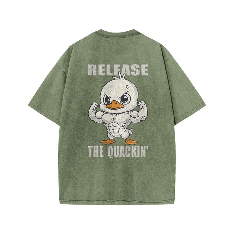 100% Cotton Release The Quackin' Gym Print Acid Washed T-shirt - Army Green - US20-22(3XL) - image 6