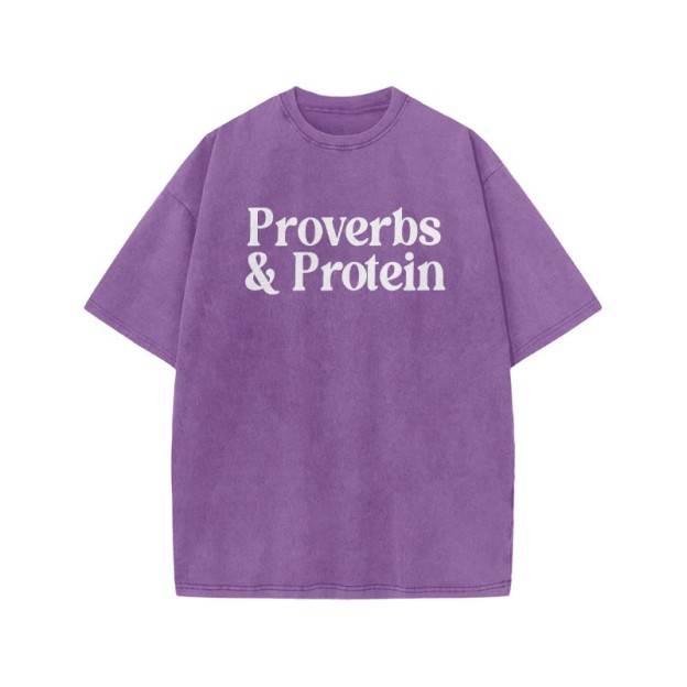 Proverbs & Protein Print Acid Washed T-shirt - Purple - US20-22(3XL) - image 7