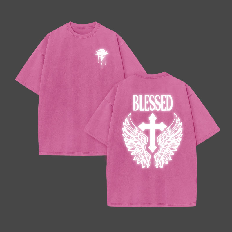 Blessed Cross Reflective Print Acid Washed T-shirt - Pink - US20-22(3XL) - image 9
