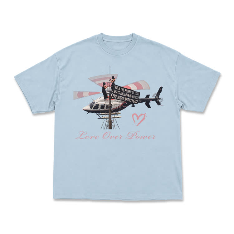 Vintage Helicopter Print Love Over Power T-Shirt - Light Blue - US16-18(2XL) - image 3
