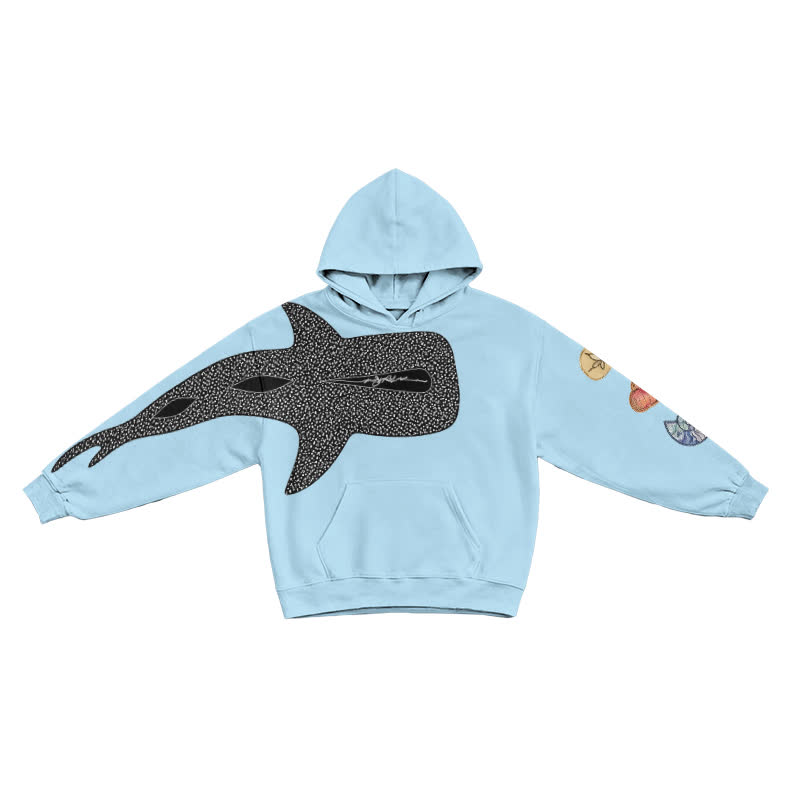 Urban Streetwear Asymmetric Fish Motif Long Sleeve Graphic Print Hoodie - Blue - US16-18(2XL) - image 8