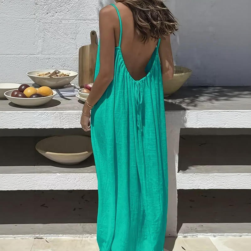 Loose Solid Color Adjustable Tie Strap Vacation Dress - Lake Blue - 5XL - image 12