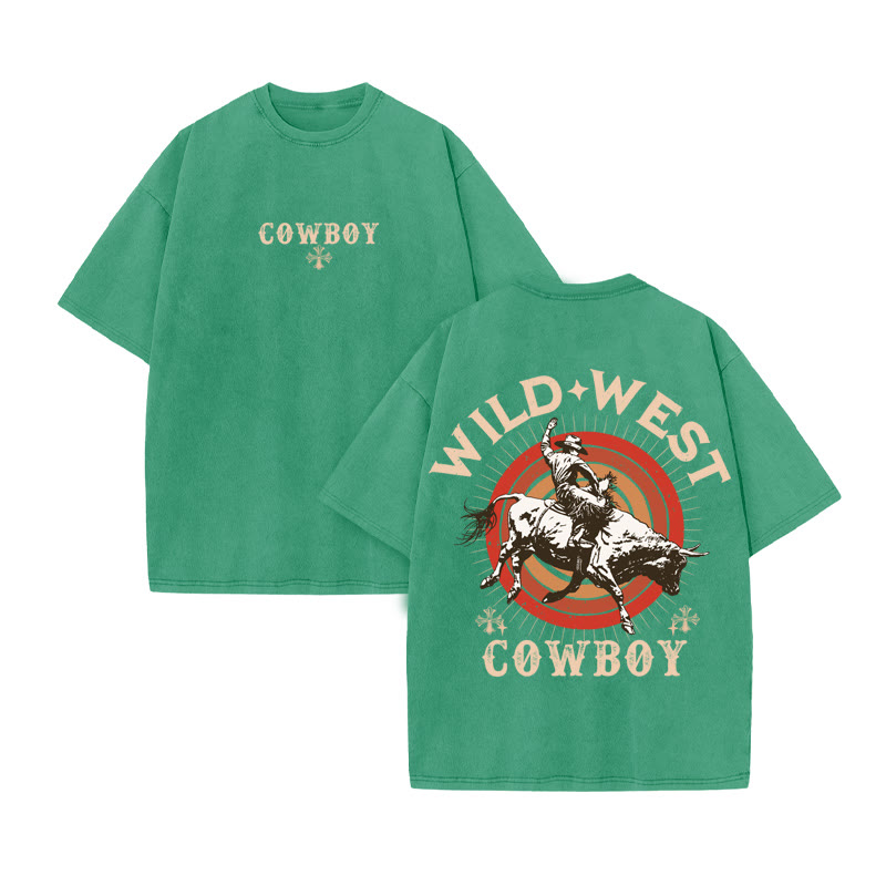 Unisex 100% Cotton Wild Western Style Print Acid Washed T-shirt