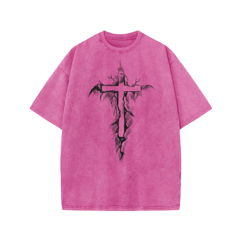Unisex 100% Cotton Cross In The Crack Print Acid Washed T-shirt - Pink - US20-22(3XL) - image 7
