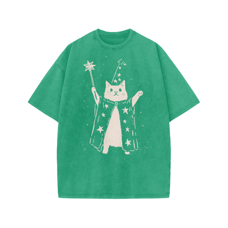 Vintage Wizard Cat Graphic Print Acid Washed T-shirt - Green - US20-22(3XL) - image 6