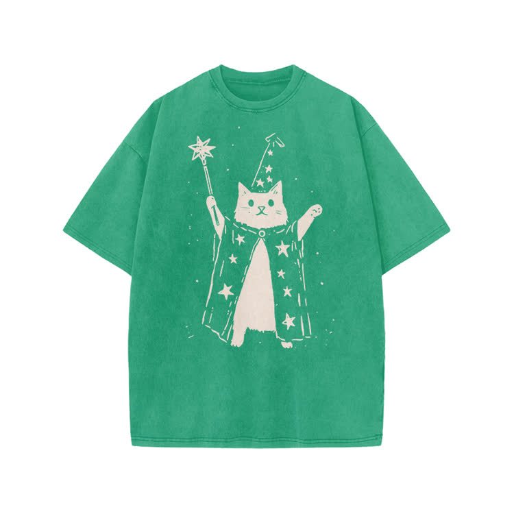Vintage Wizard Cat Graphic Print Acid Washed T-shirt - Green - US20-22(3XL) - image 6
