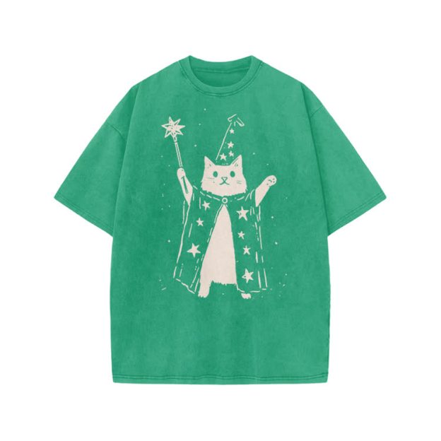 Vintage Wizard Cat Graphic Print Acid Washed T-shirt - Green - US20-22(3XL) - image 6