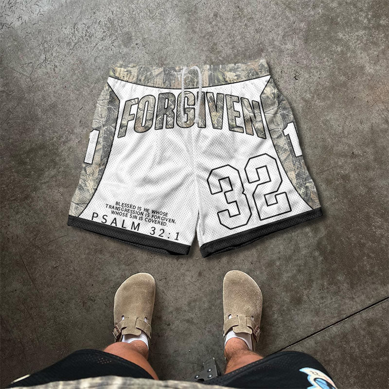 Psalm 32:1 Forgiven Dead Leaves Camouflage Print Mesh Shorts - White - 5XL - image 1