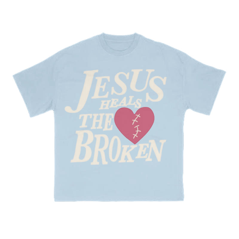Unisex Jesus Heals The Broken Print T-shirt - Light Blue - US16-18(2XL) - image 10