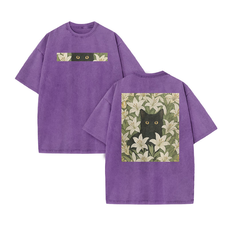 A Black Cat In A Field Of White Lilies Print Acid Washed T-shirt - Purple - US20-22(3XL) - image 10