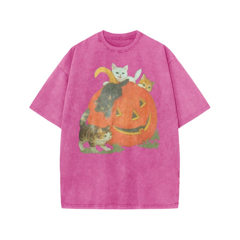 Unisex 100% Cotton Cats Playing On Pumpkins Halloween Print Acid Washed T-shirt - Pink - US20-22(3XL) - image 7
