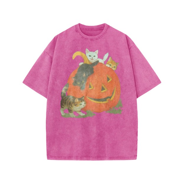 Unisex 100% Cotton Cats Playing On Pumpkins Halloween Print Acid Washed T-shirt - Pink - US20-22(3XL) - image 7