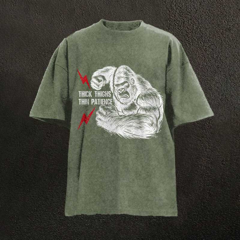 100% Cotton Thick Thighs Thin Patience Gym Print Acid Washed T-shirt - Army Green - US20-22(3XL) - image 4