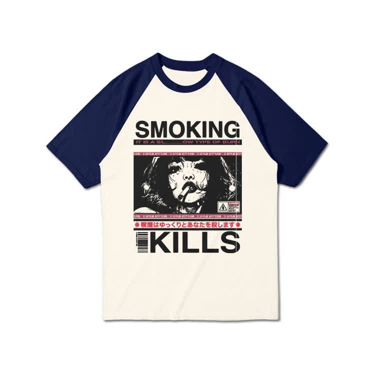 Smoking Kills Retro Manga Style Graphic Print Raglan Sleeve T-shirt - Navy Blue - 3XL - image 5