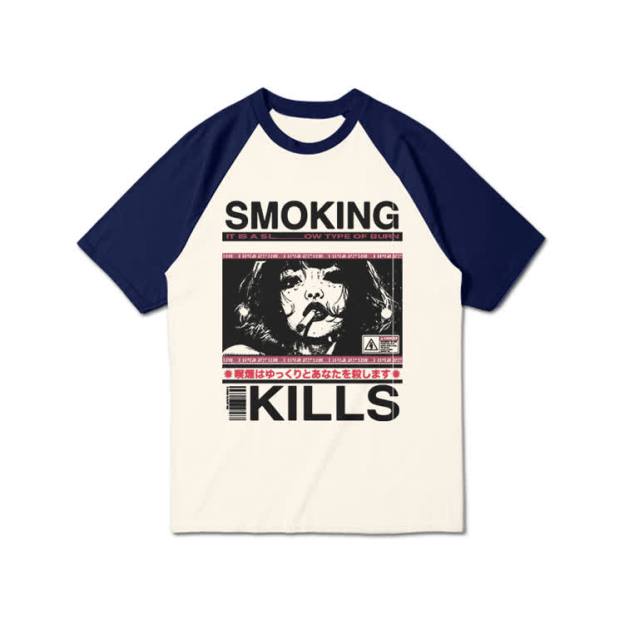 Smoking Kills Retro Manga Style Graphic Print Raglan Sleeve T-shirt - Navy Blue - 3XL - image 5