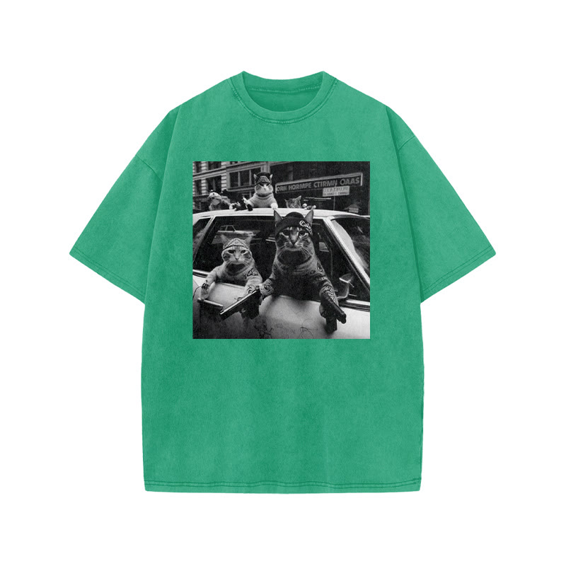 Funny Cat Gang Print Acid Washed T-shirt - Green - US20-22(3XL) - image 9
