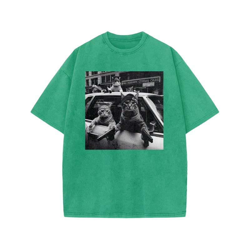 Funny Cat Gang Print Acid Washed T-shirt - Green - US20-22(3XL) - image 9