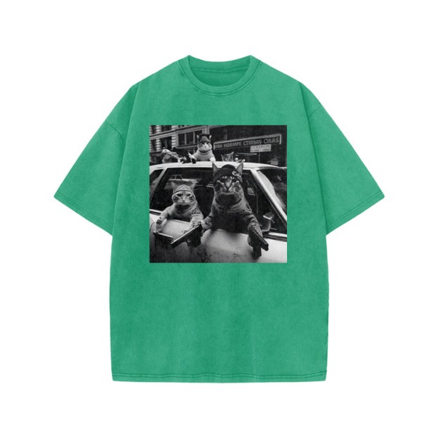 Funny Cat Gang Print Acid Washed T-shirt - Green - US20-22(3XL) - image 9