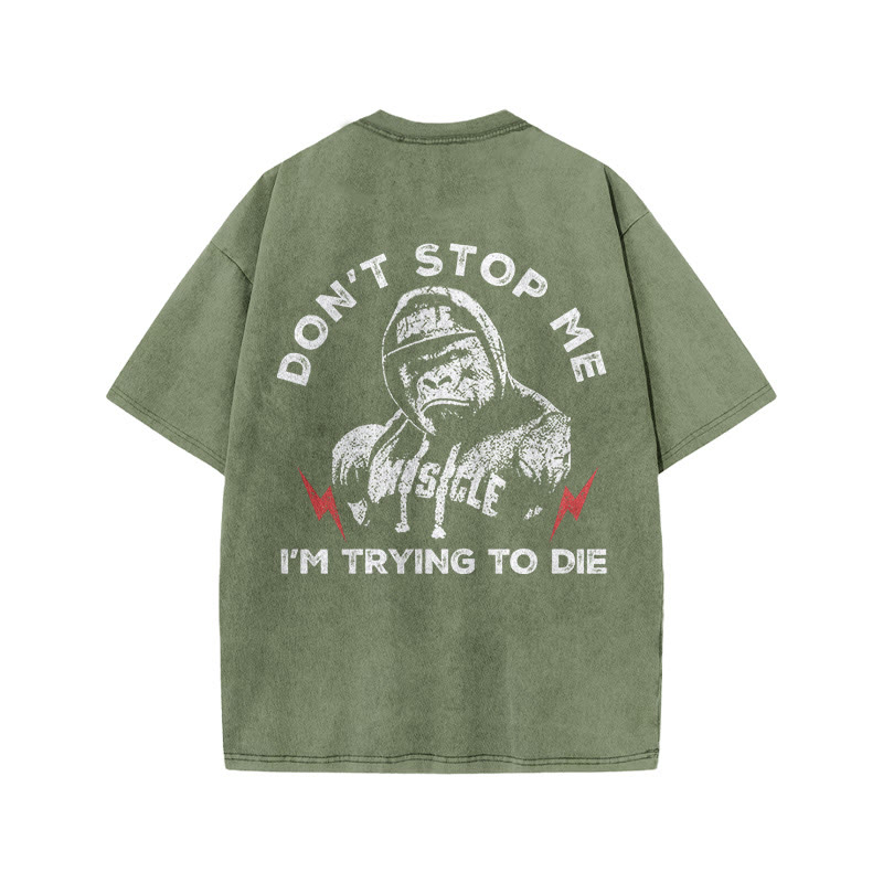 100% Cotton DON'T STOP ME Gym Print Acid Washed T-shirt - Army Green - US20-22(3XL) - image 5