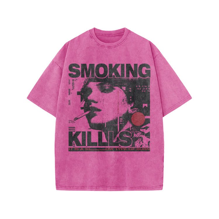 Street Rebel Smoking Kills Collage Graphic Print Acid Washed T-Shirt - Pink - US20-22(3XL) - image 8